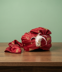 Red and Gold Zari Feather Turban