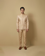 Beige Gold Jamawar Open Prince Coat