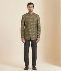 Mehndi Green Sheesha Work Raw Silk Prince Coat
