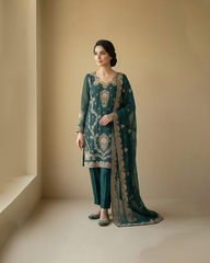 Teal Raw Silk Suit with Tilla and Dabka Work