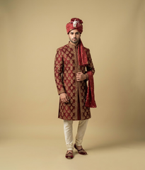 Red and Gold Zari Feather Turban