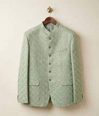 Mint Green Embroidered Raw Silk Prince Coat