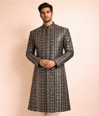Black and white Sherwani masoori sequin work