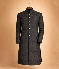 Black embroidered and patterned rawsilk sherwani