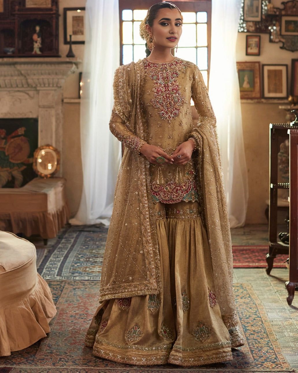 Antique Gold Resham & Zardozi Gharara