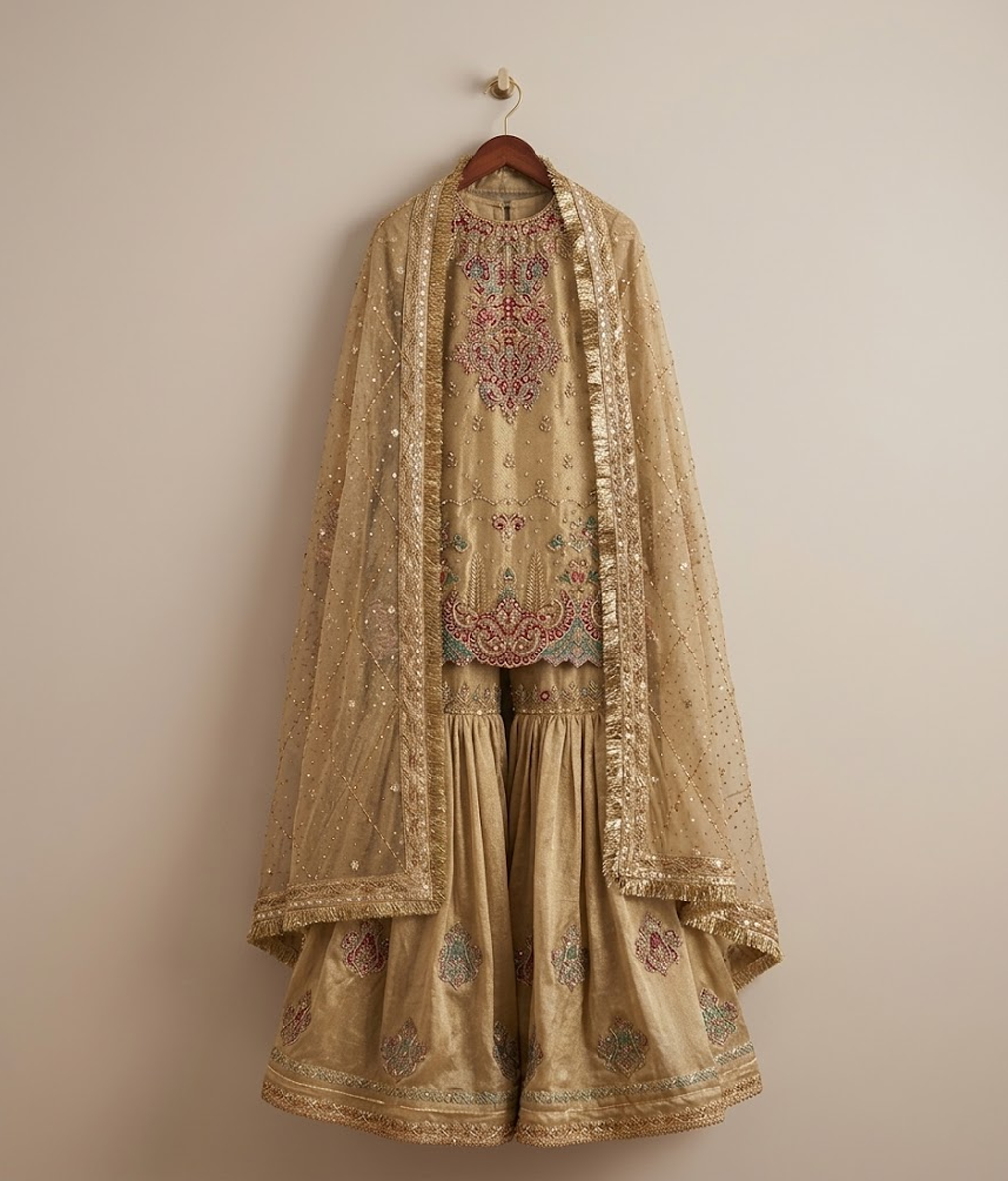 Antique Gold Resham & Zardozi Gharara