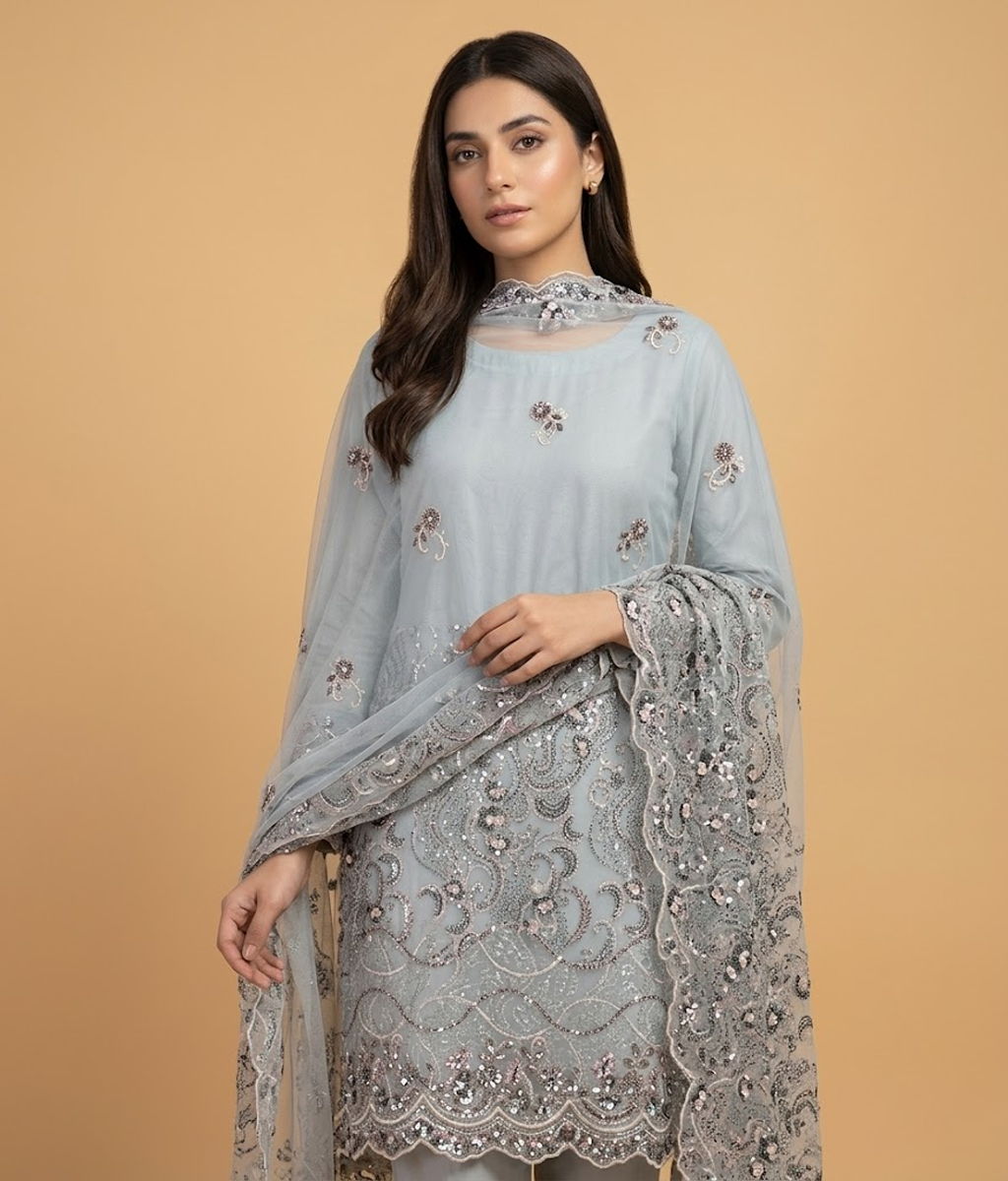 Baby pink Cut Dana Net 2 Piece Shirt and Dupatta