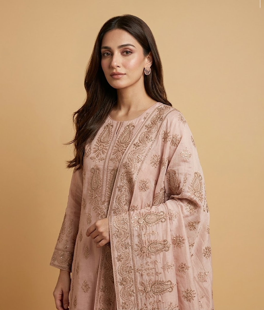 Baby pink Raw Silk 2 Piece Shirt and Dupatta