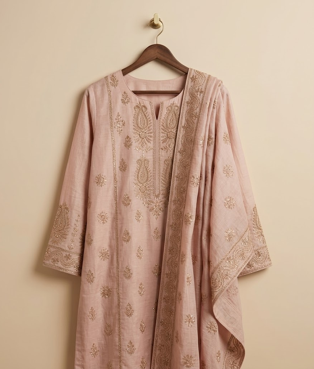 Baby pink Raw Silk 2 Piece Shirt and Dupatta