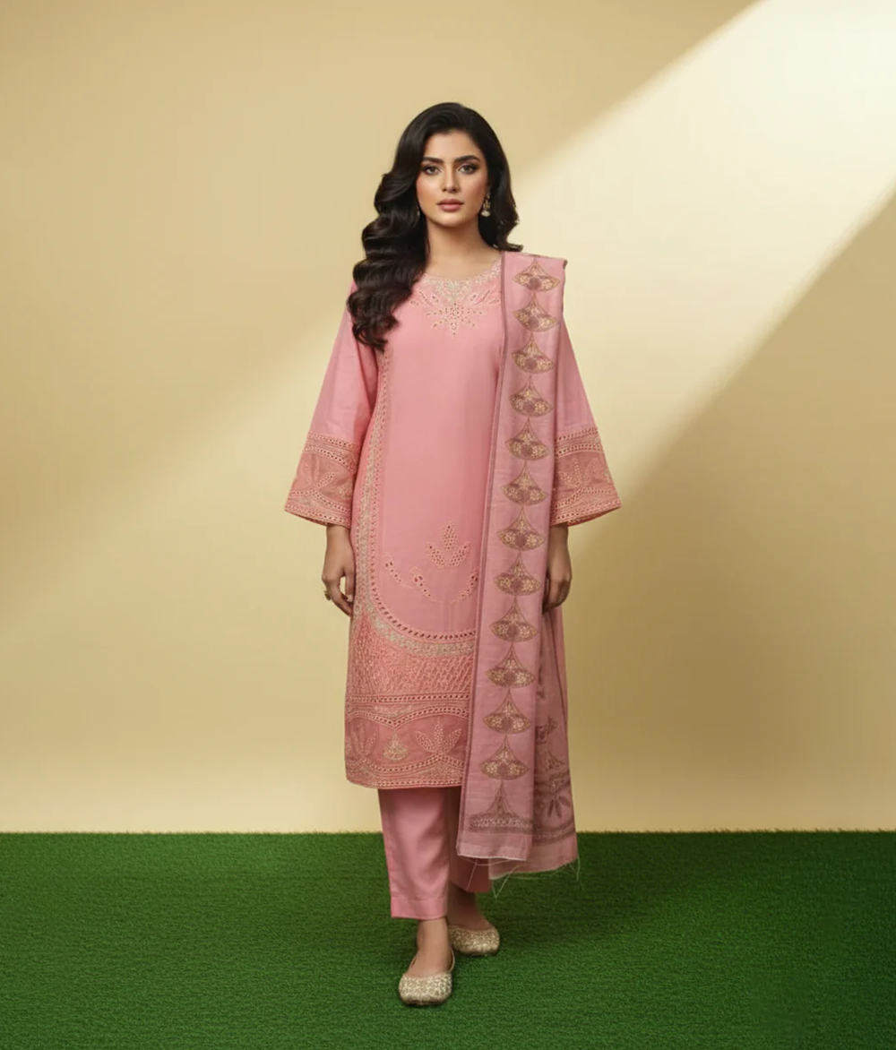 Baby pink cotton 3 piece with minimal embroidery work