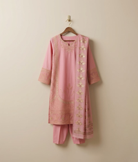 Baby pink cotton 3 piece with minimal embroidery work