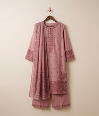 Baby pink cotton embroidered long shirt with trouser and dupatta