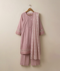 Baby pink lawn 3 piece with embroidered border and neckline