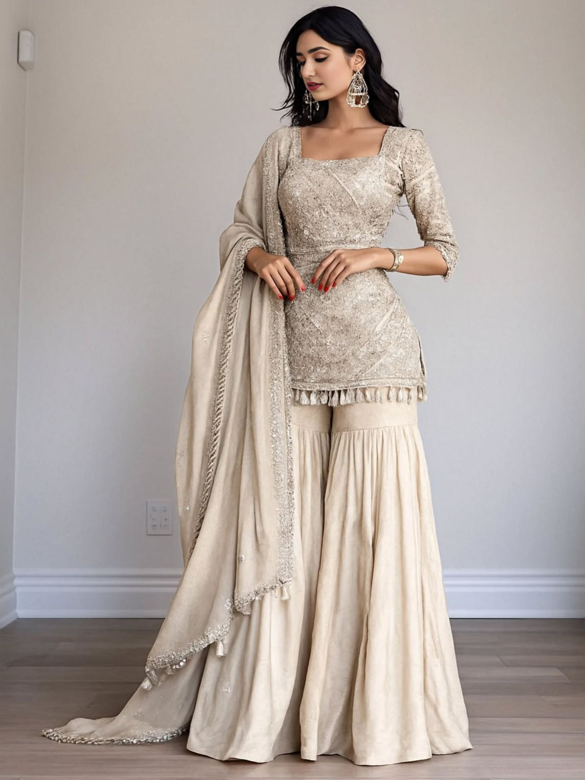 Beige Zari Work Gharara