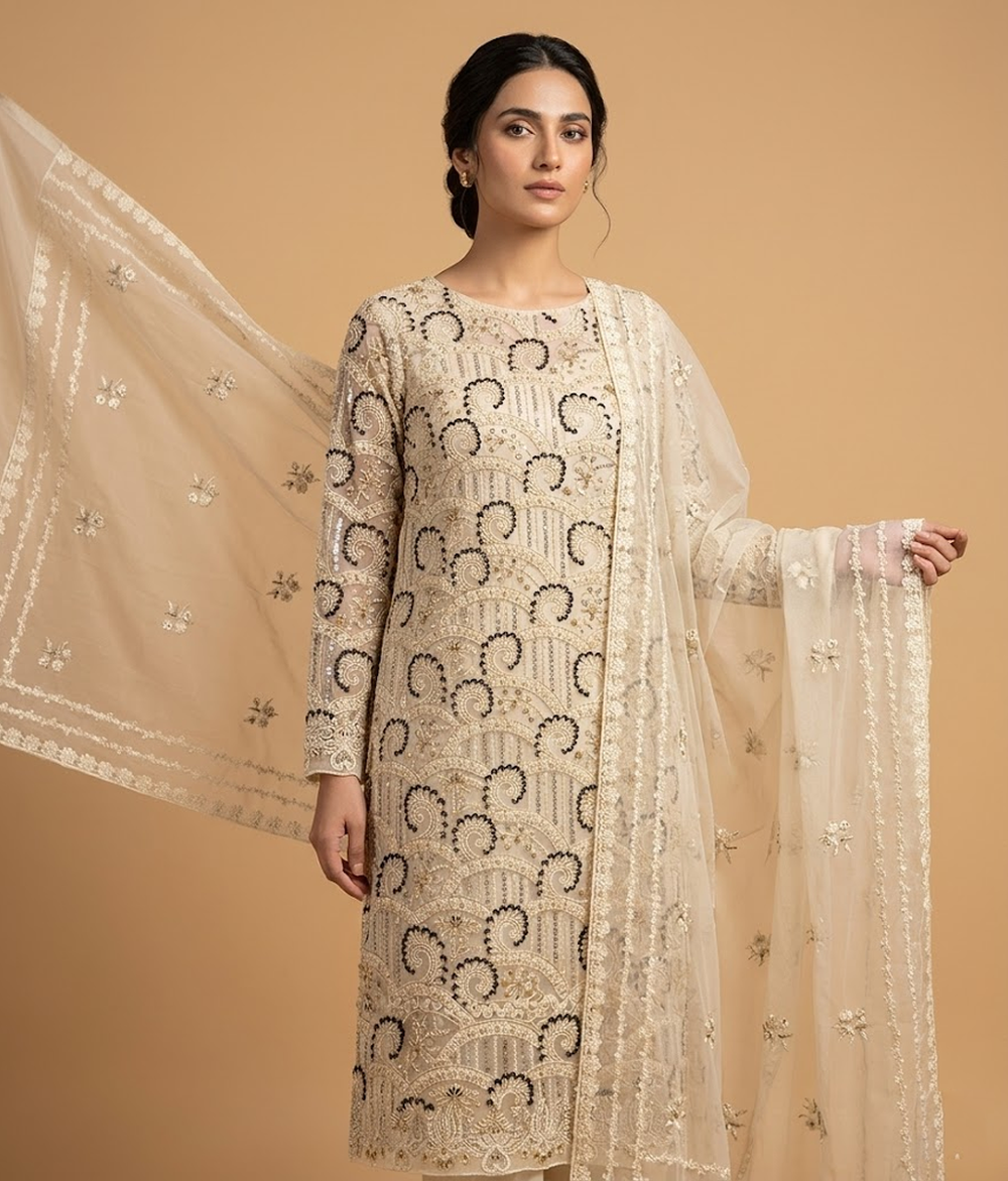 Beige Chiffon 2 Piece Shirt and Dupatta