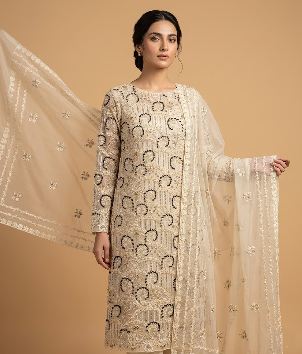 Beige Chiffon 2 Piece Shirt and Dupatta