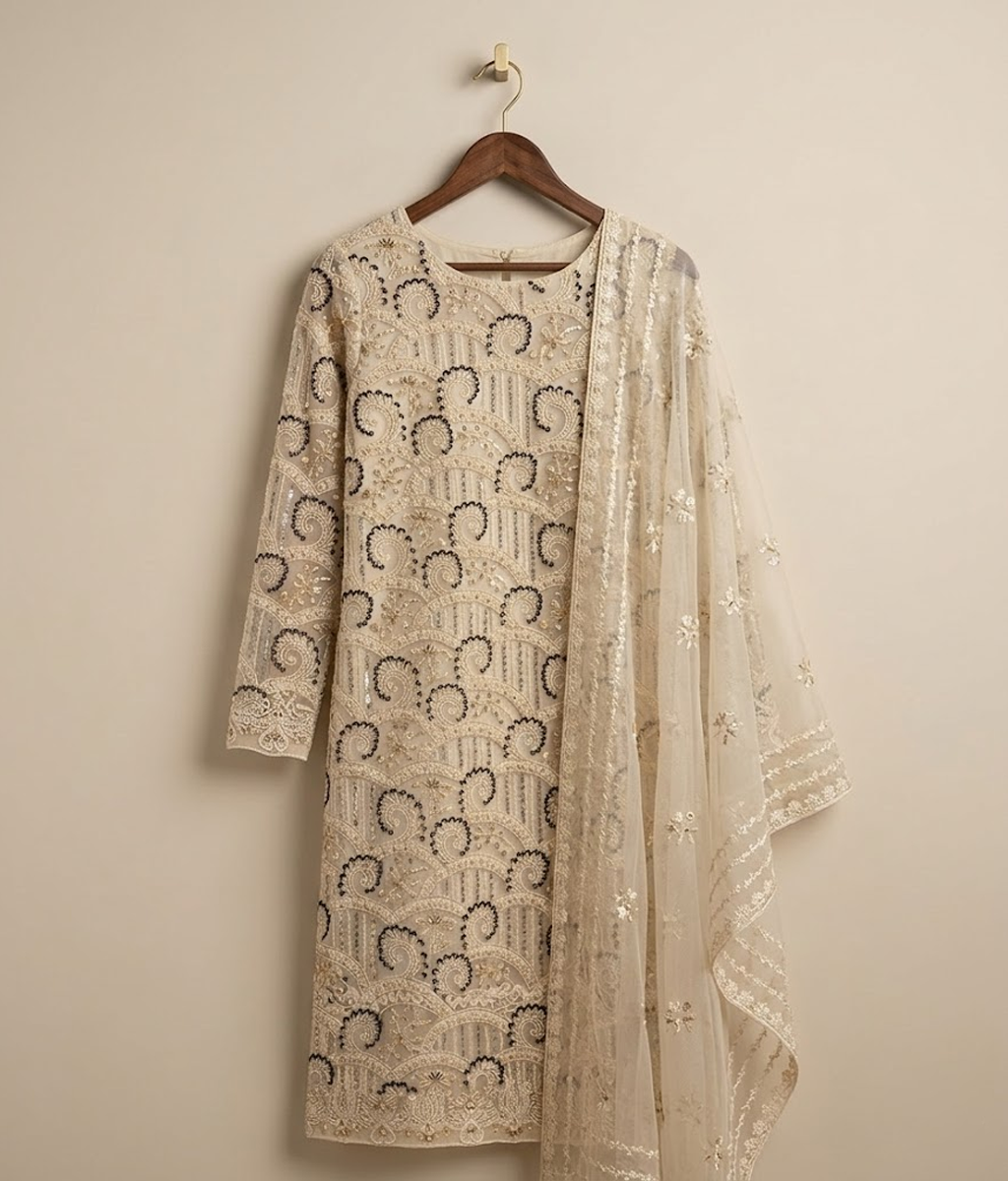 Beige Chiffon 2 Piece Shirt and Dupatta