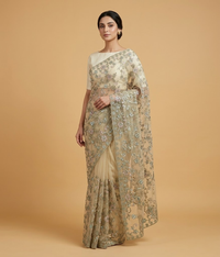Beige Embroidered Multi-toned Net Saree