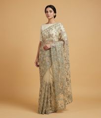 Beige Embroidered Multi-toned Net Saree