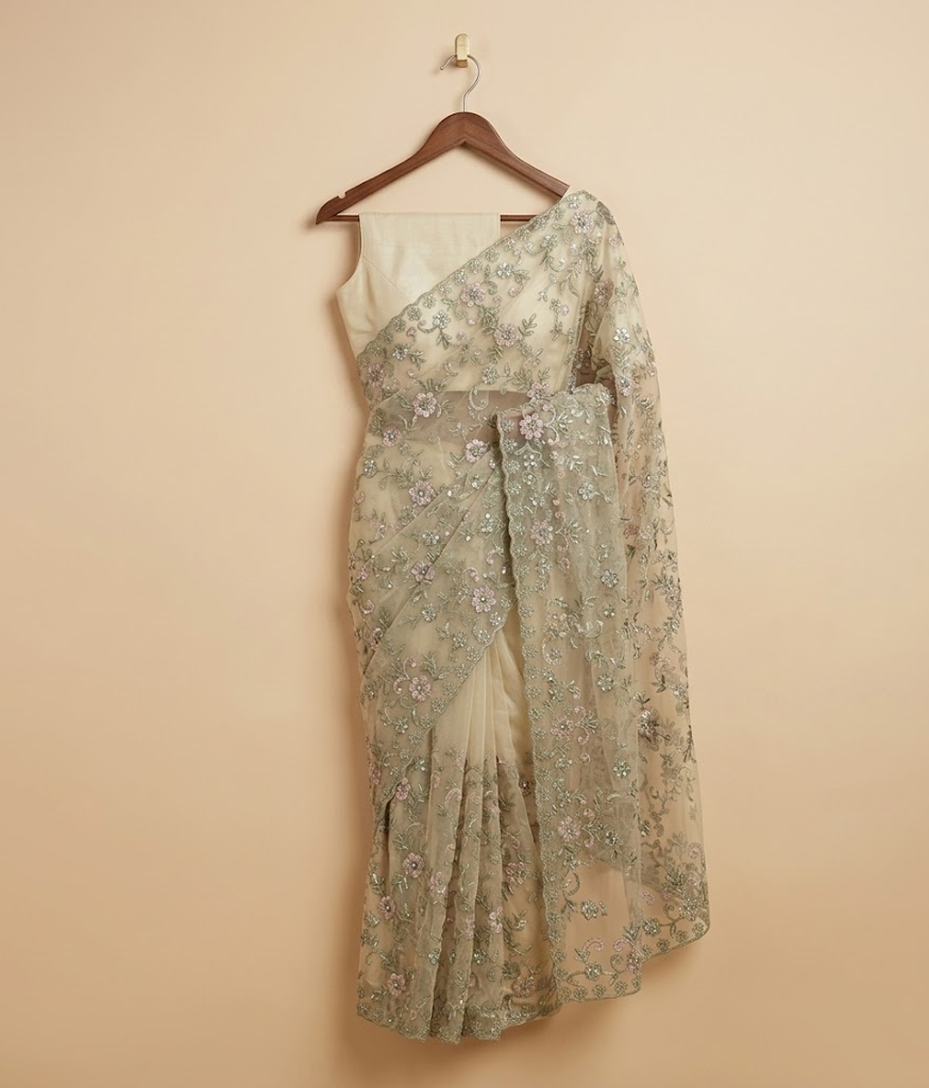 Beige Embroidered Multi-toned Net Saree