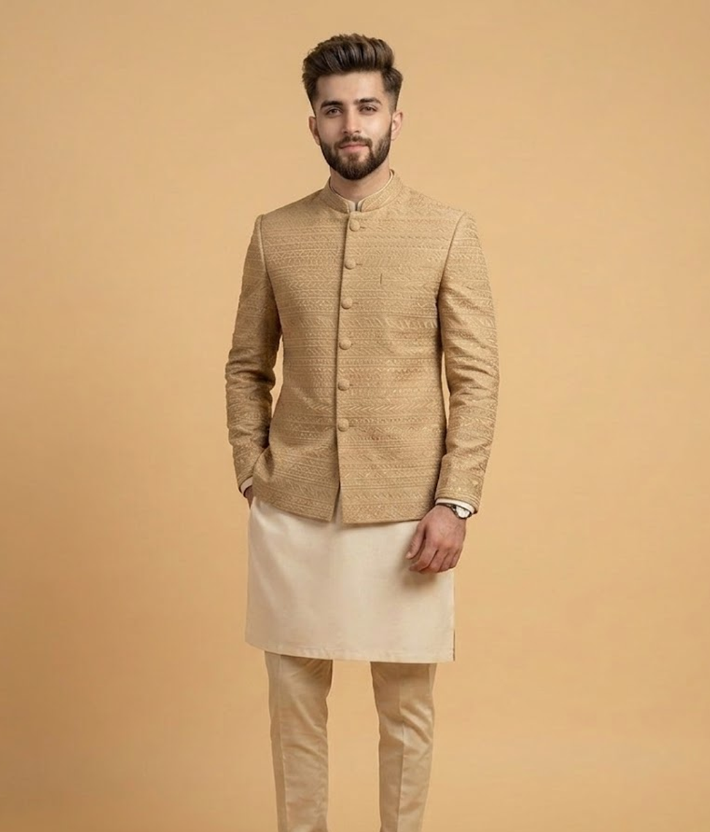 Beige Embroidered Schiffli Dulha House