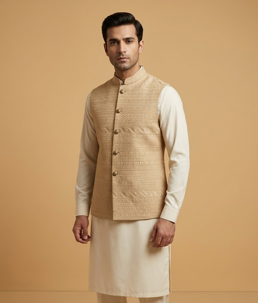 Beige Embroidered Schiffli Dulha House