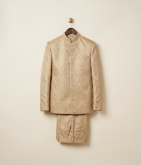 Beige Gold Jamawar Open Prince Coat