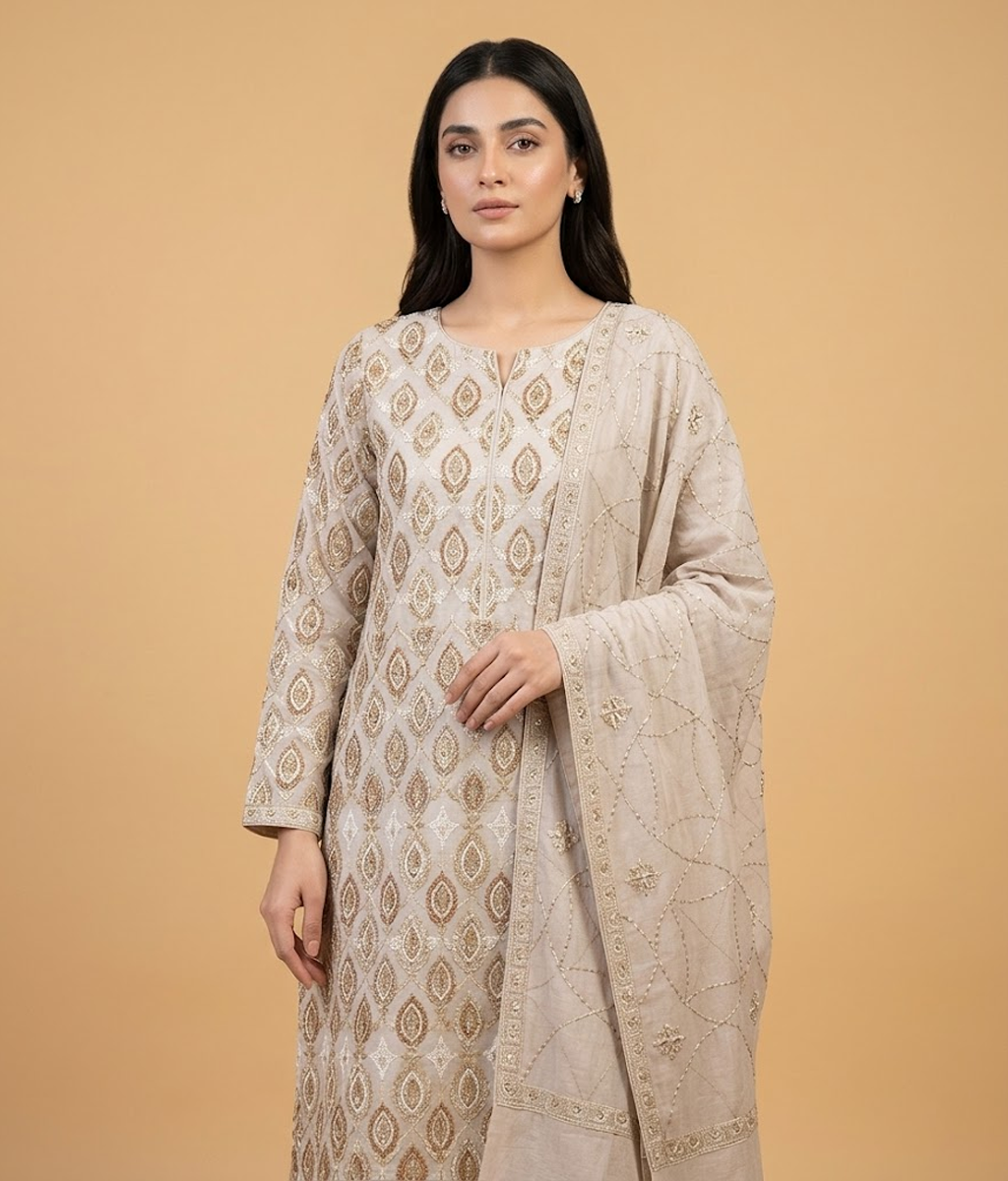 Beige Lattice Jaal Chiffon 2 Piece