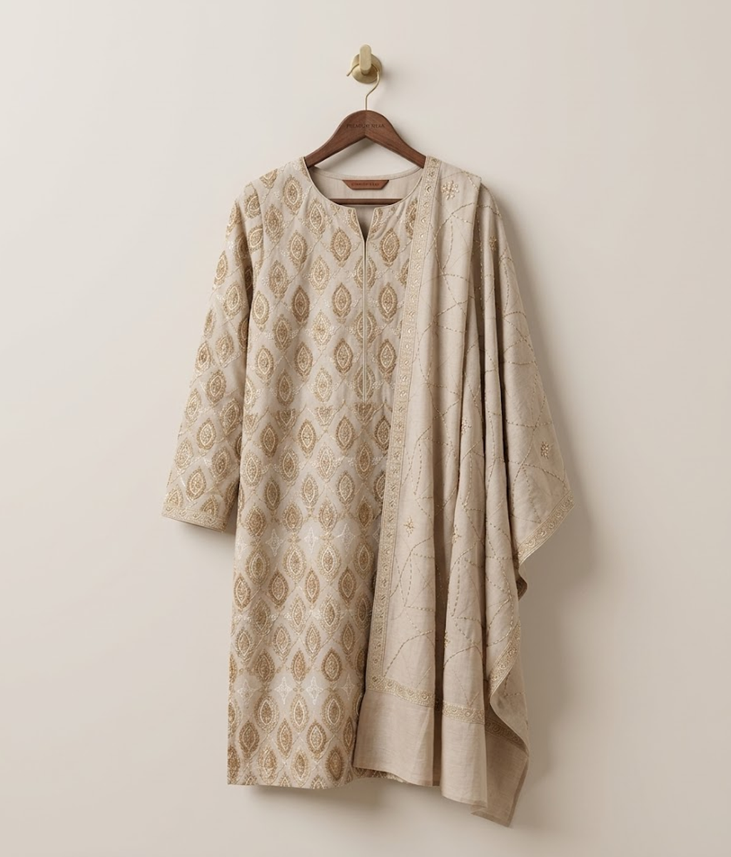 Beige Lattice Jaal Chiffon 2 Piece