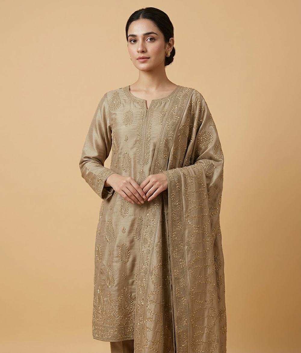 Beige Raw Silk 2 Piece Shirt and Dupatta