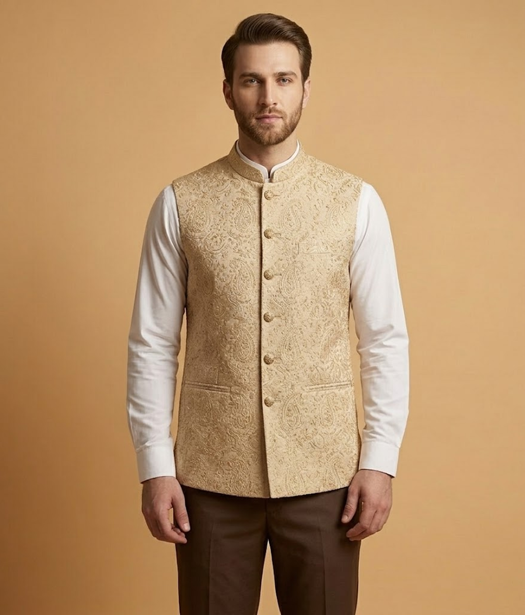 Beige Scalloped Sequin Jamawar Dulha House