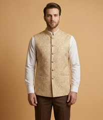 Beige Scalloped Sequin Jamawar Dulha House