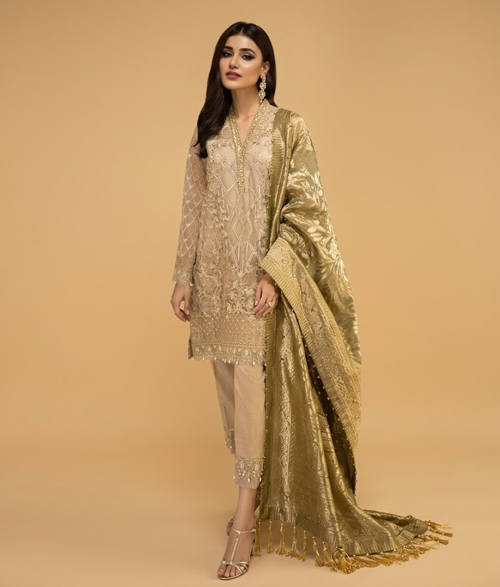 Beige Vasli Organza Suit