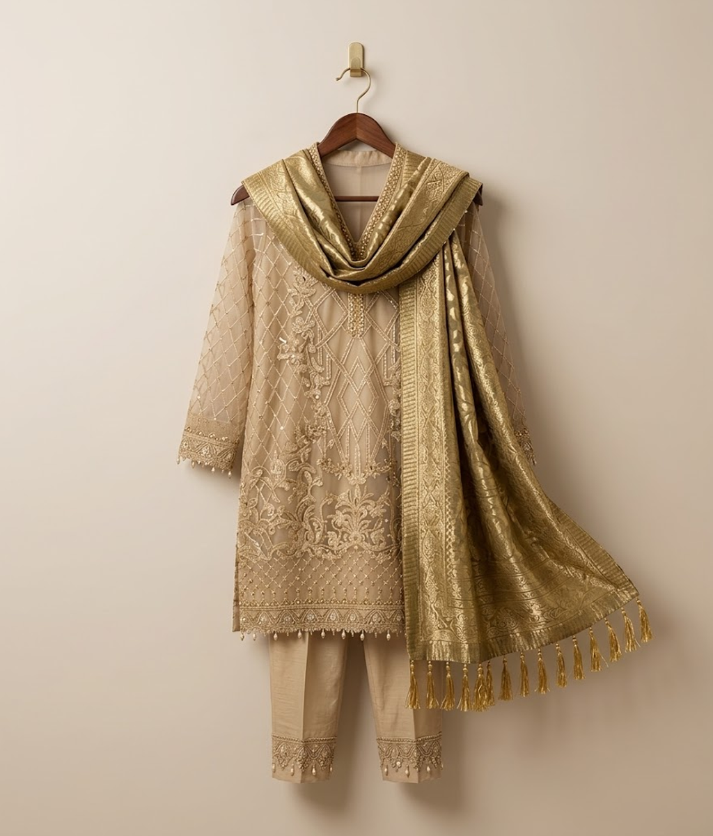 Beige Vasli Organza Suit