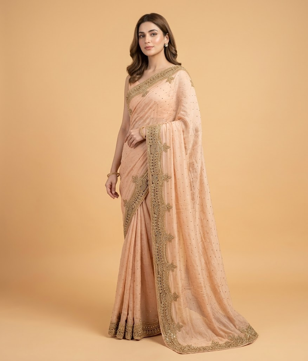 Beige Zardozi Tissue Silk Saree