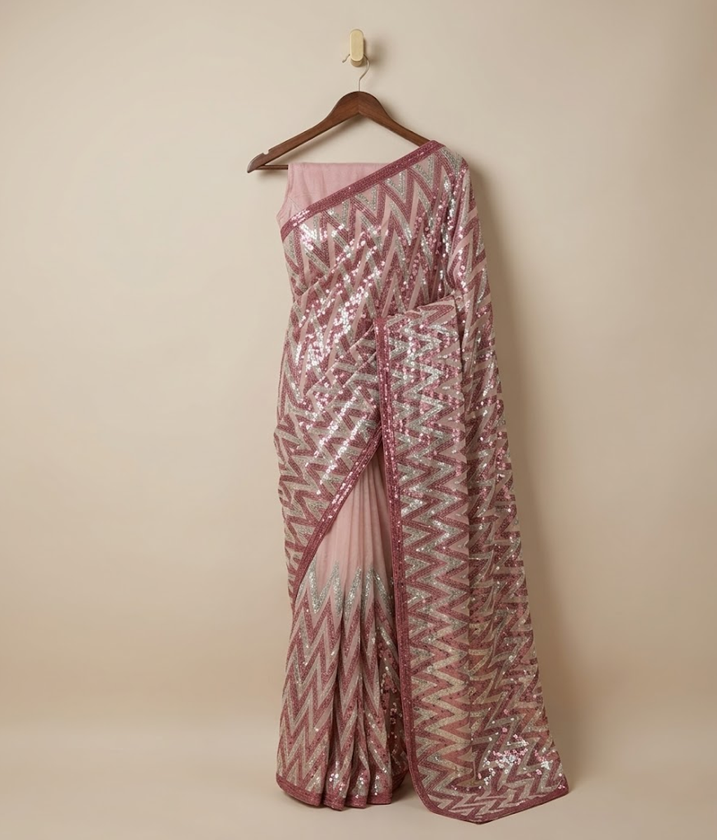 Beige Zig-Zag Dual Tone Patterned Net Saree with Silk Blouse