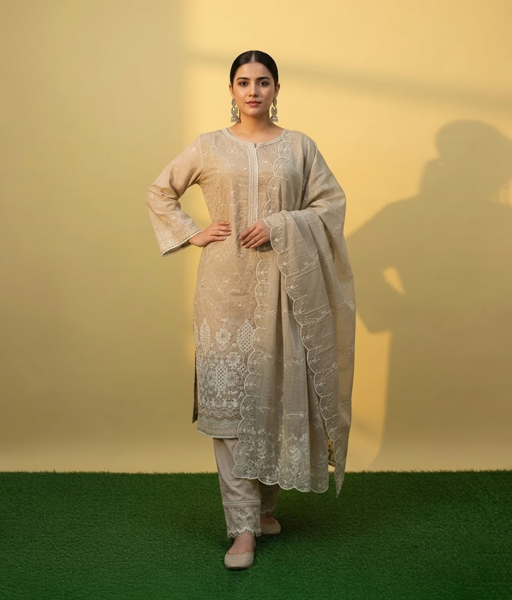 Beige cotton 3 piece with multicolored embroidery