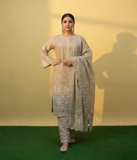 Beige cotton 3 piece with multicolored embroidery