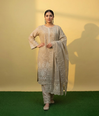Beige cotton 3 piece with multicolored embroidery