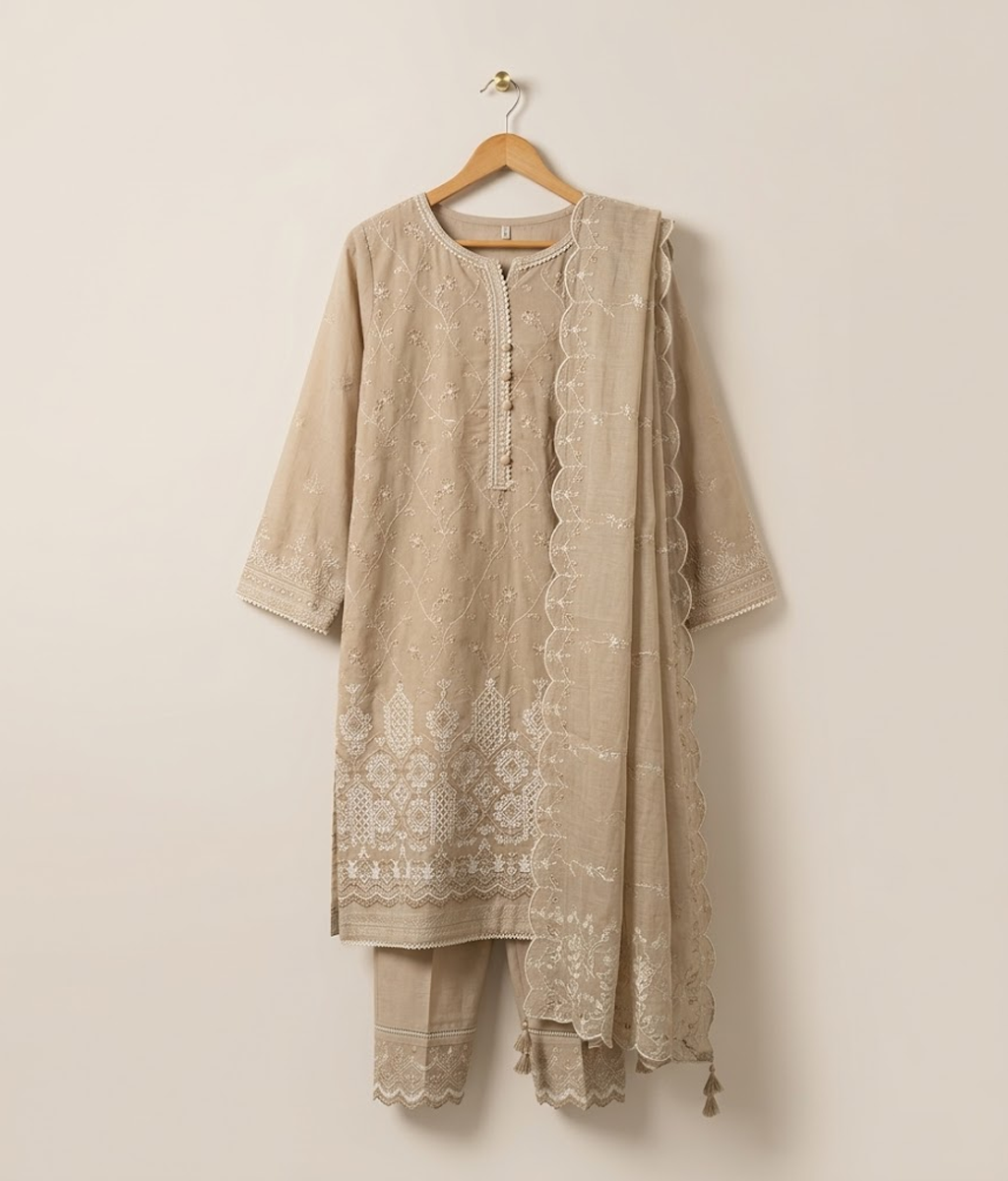Beige cotton 3 piece with multicolored embroidery