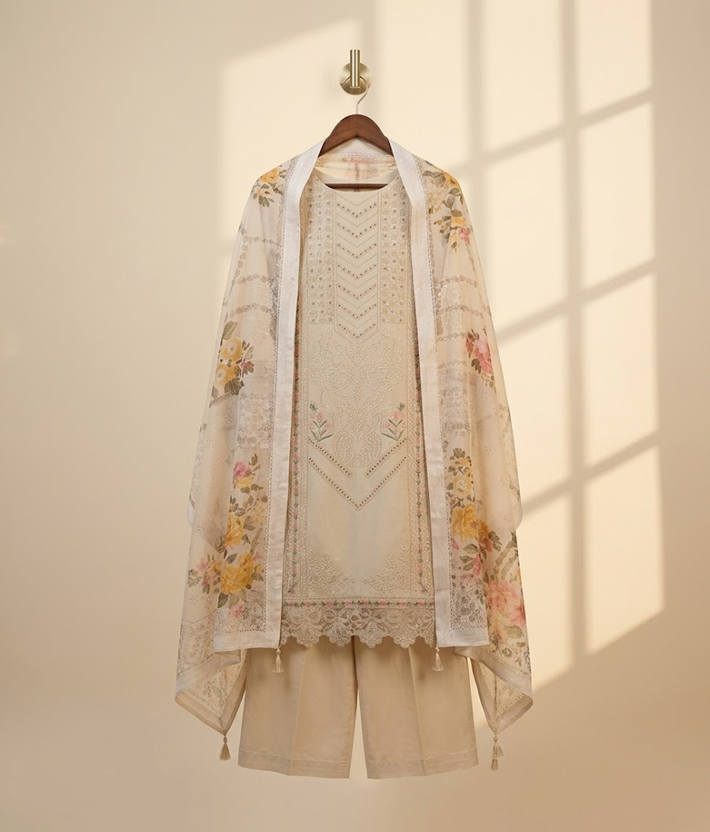 Beige cotton 3 piece with multicolored embroidery stitched