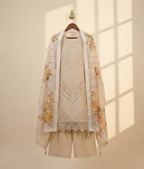 Beige cotton 3 piece with multicolored embroidery stitched