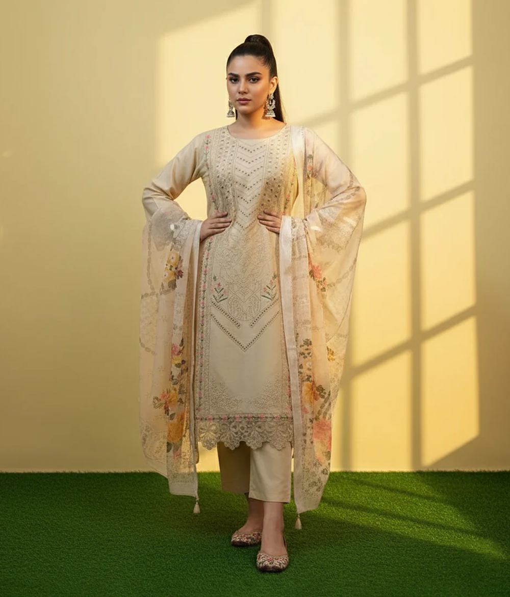 Beige cotton 3 piece with multicolored embroidery stitched