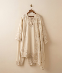 Beige embroidered Cotton lawn 3 piece suit