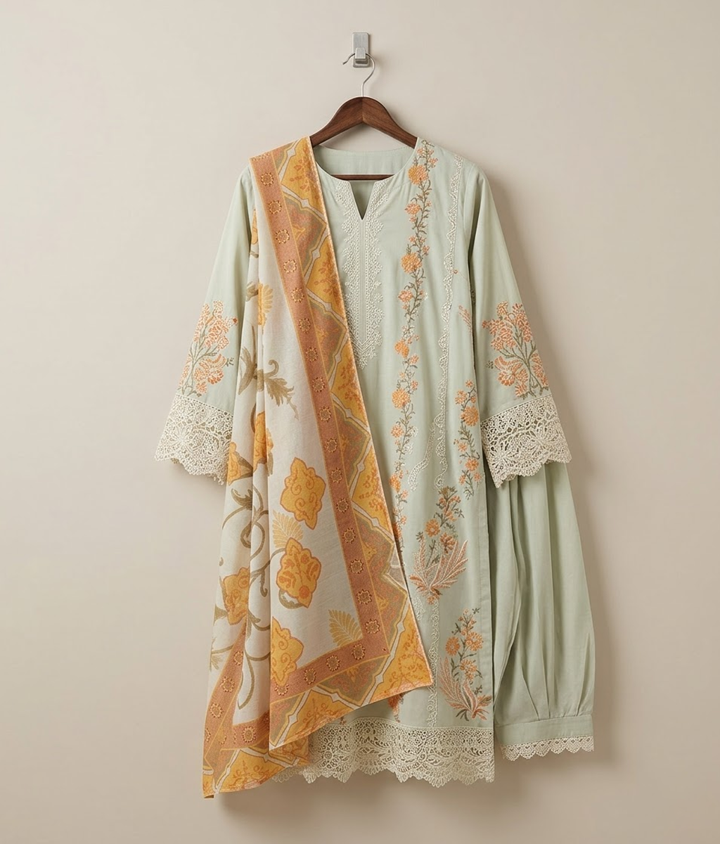 Biege cotton embroidered 3 piece suit