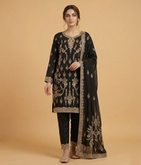 Raw Silk 3 Piece Suit Heavy Dabka Work with Dupatta and Plain Trousers