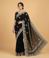 Black Chiffon Floral Vine Saree