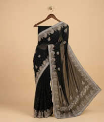 Black Chiffon Floral Vine Saree