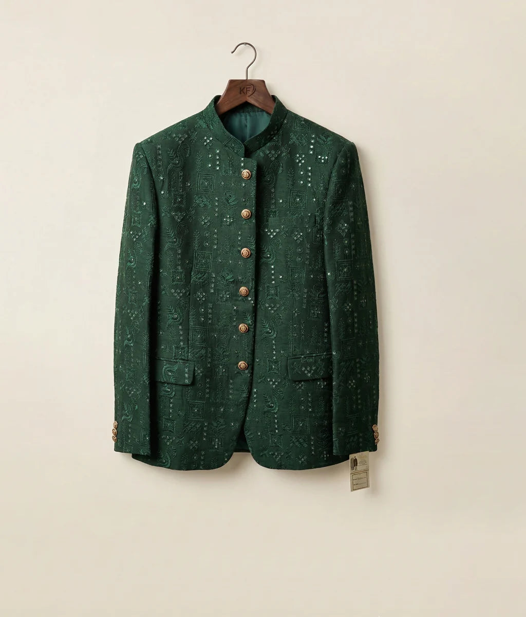 Dark Green Sequin Embroidered Raw Silk Prince Coat