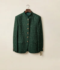 Dark Green Sequin Embroidered Raw Silk Prince Coat